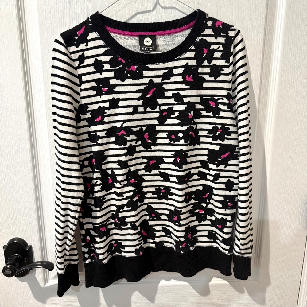 JONES NEW YORK SPORT Black Pink Floral Stripe Long Sleeve French Terry Top